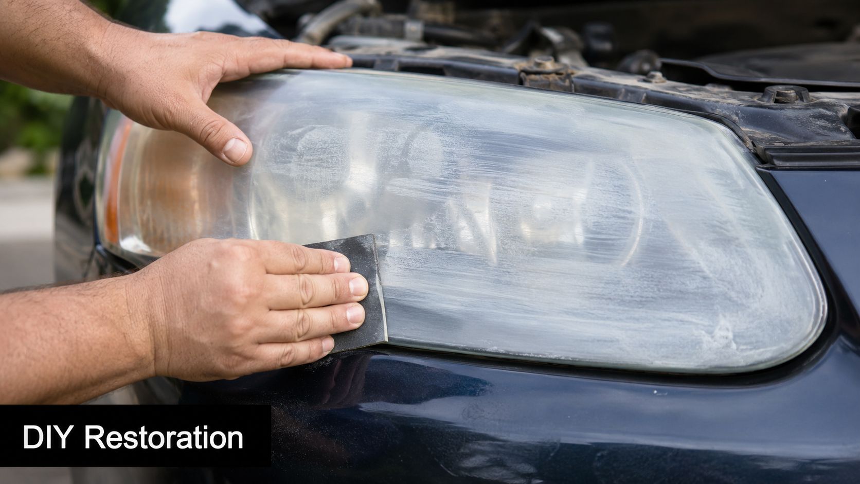 A person using sandpaper to manually restore the surface of a cloudy and yellowed car headlight lens.