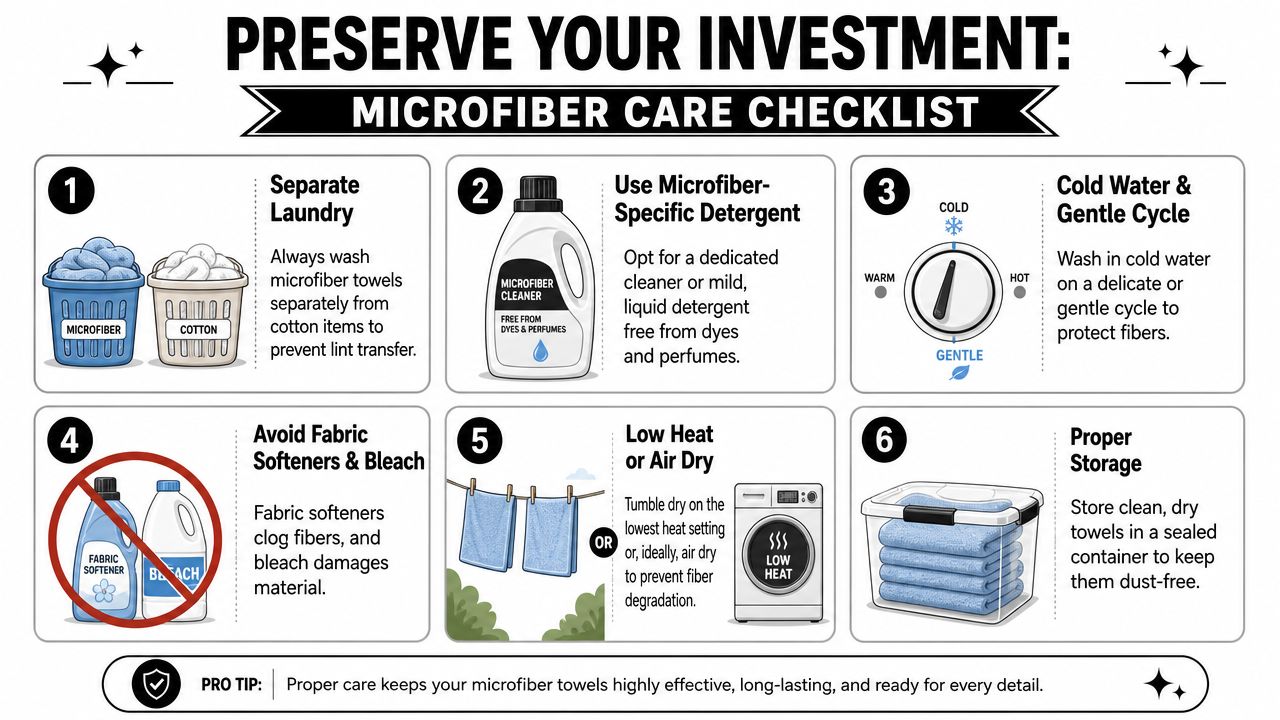 An infographic titled Microfiber Care Checklist showing six numbered steps to properly wash, dry, and store microfiber towels.