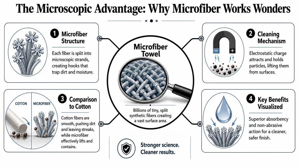 An infographic titled The Microscopic Advantage explaining how microfiber towels trap dirt and moisture effectively.