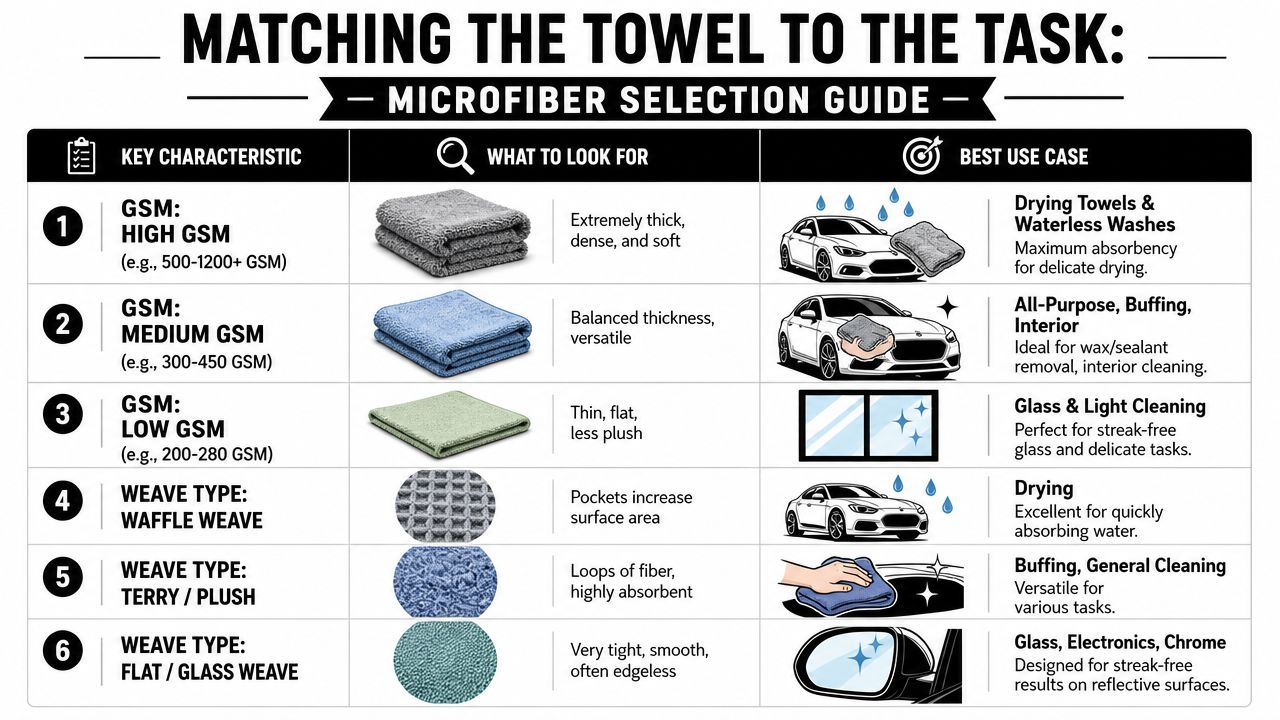A microfiber selection guide chart illustrating different towel types, characteristics, and their best use cases for cleaning.