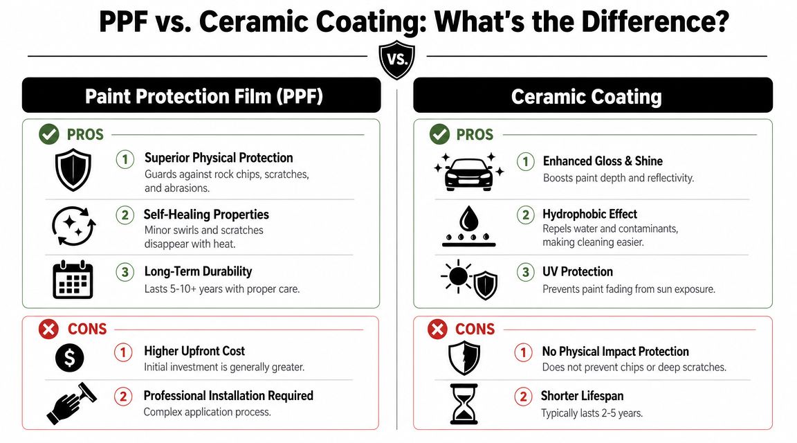 A comparison chart outlining the pros and cons of car Paint Protection Film versus Ceramic Coating.