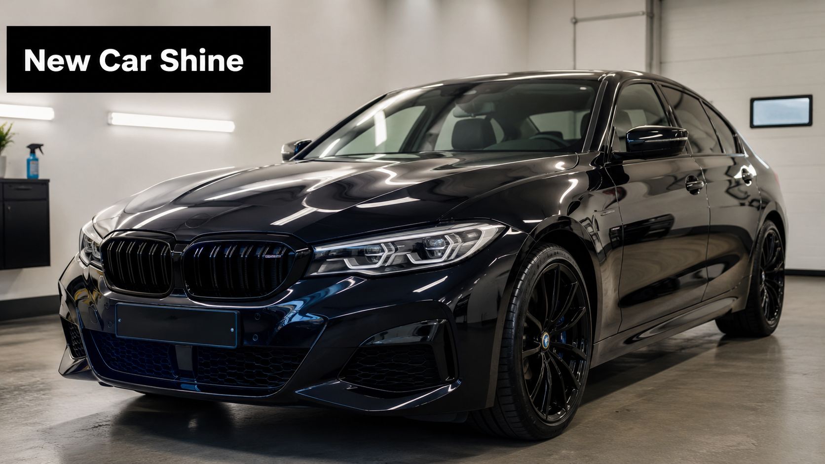 A sleek, polished black BMW sedan parked in a clean, professional automotive workshop with bright studio lighting.