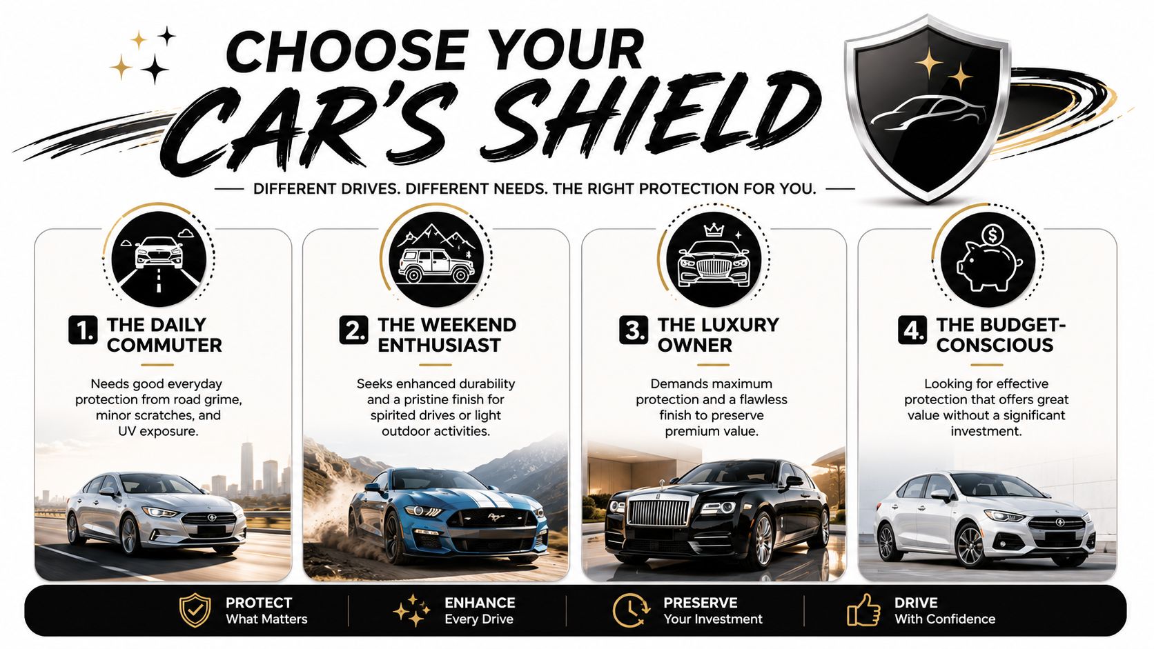 An infographic showing four car protection service tiers for daily, weekend, luxury, and budget-conscious drivers.