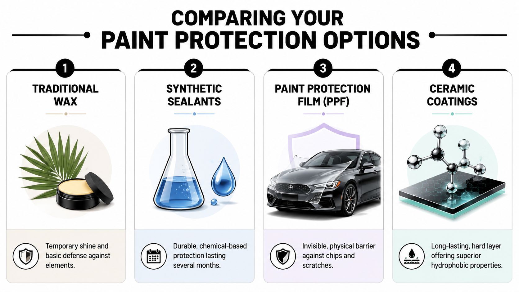 An infographic comparing four car paint protection options: traditional wax, synthetic sealants, paint protection film, and ceramic coatings.