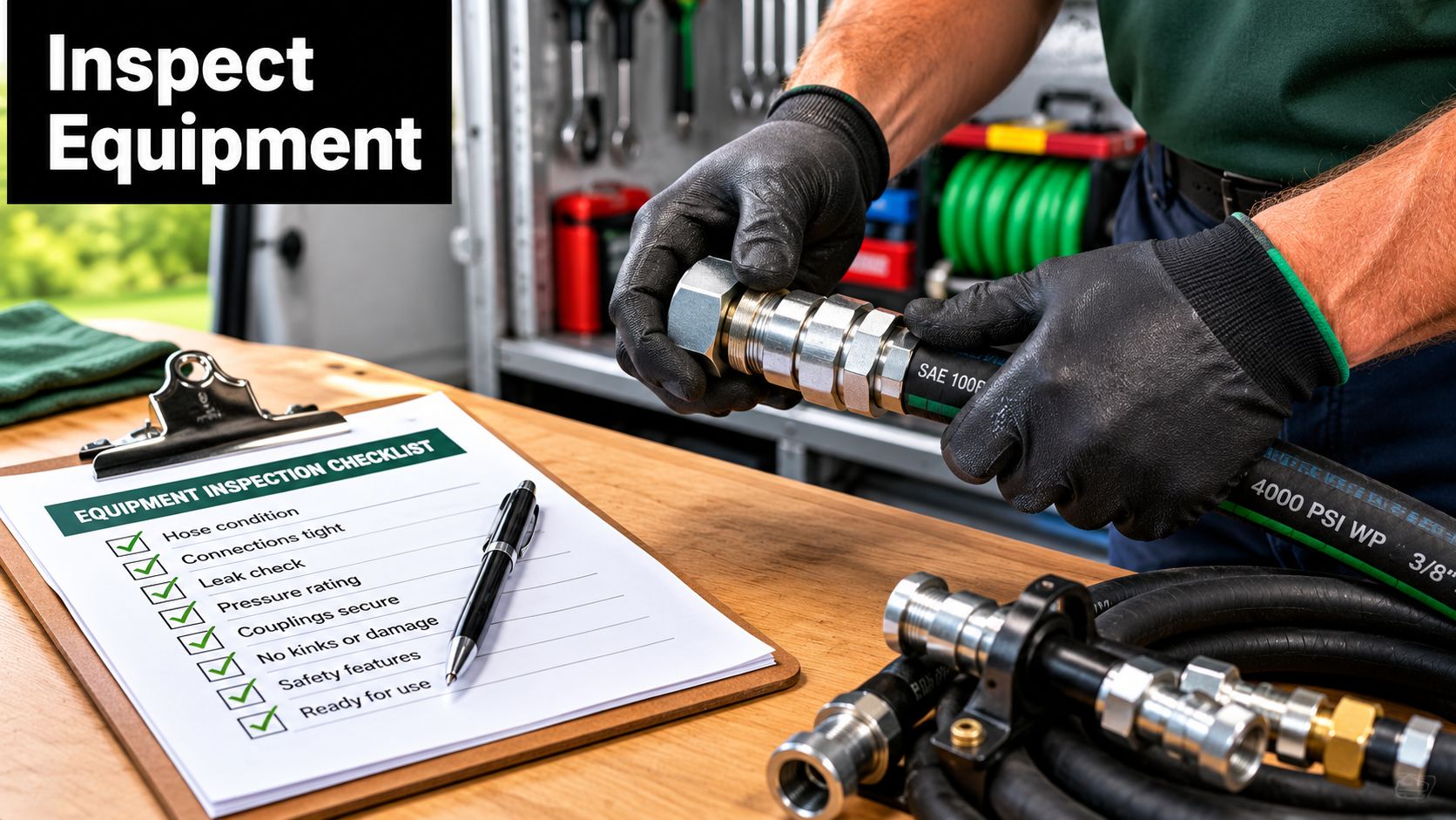 A technician in work gloves checks a pressure washer hose against a completed equipment inspection checklist.