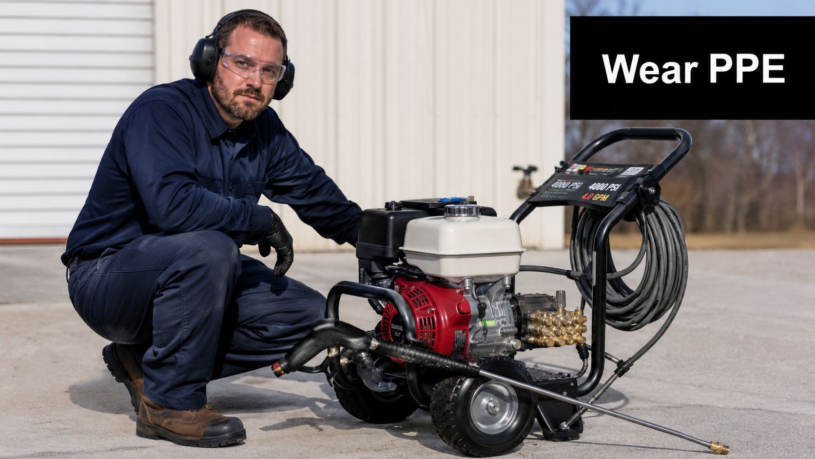 A professional technician wearing protective gear and safety equipment while inspecting a high-pressure commercial power washer.