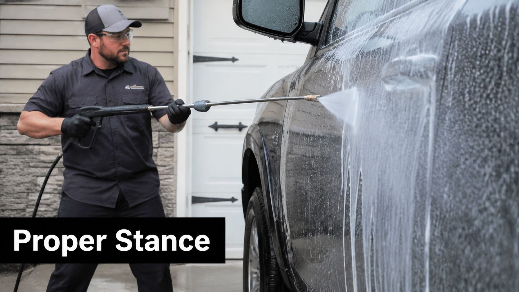 A professional technician demonstrating a stable standing position while using a pressure washer on a vehicle.