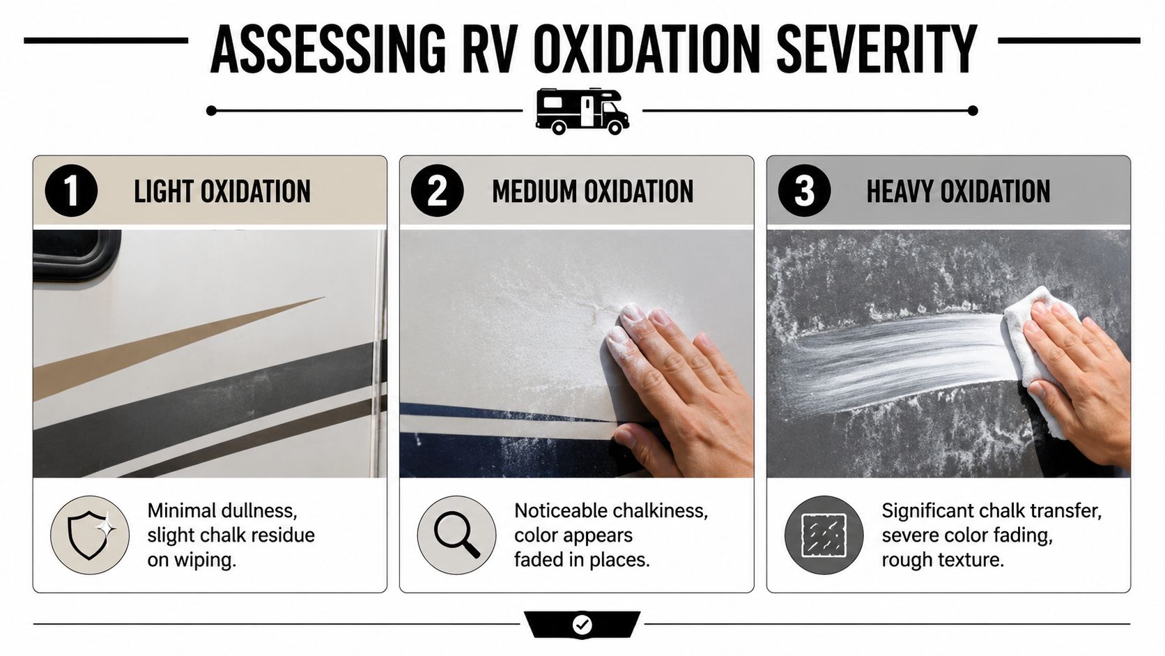 A guide illustrating three levels of RV oxidation, ranging from light to heavy, using surface photos.