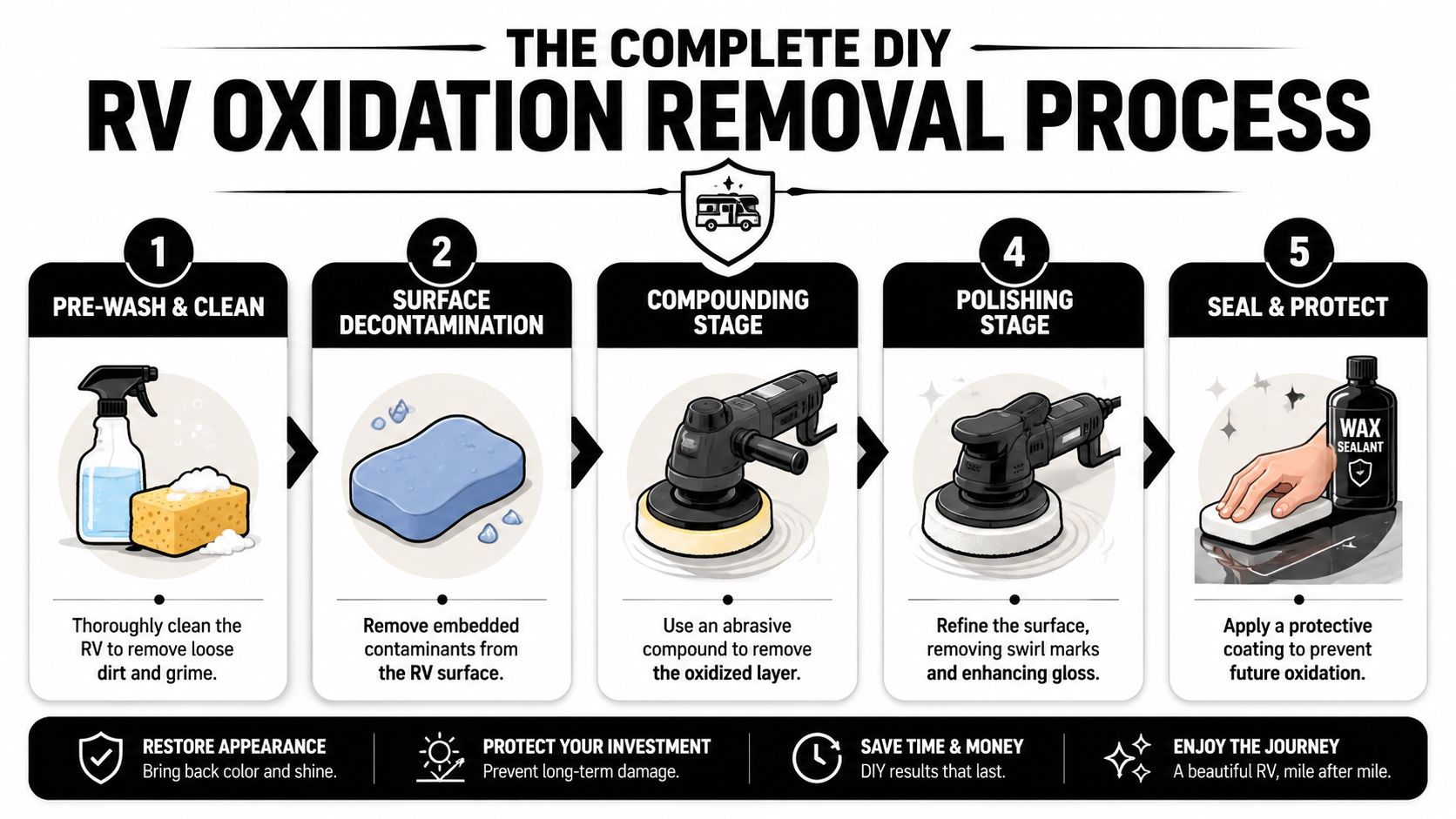 A five-step infographic guide detailing the complete DIY process for removing oxidation from an RV exterior.