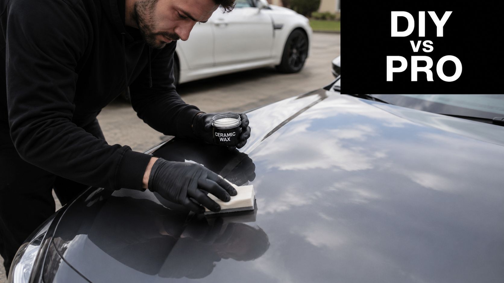 A professional car detailer applying ceramic wax to a dark grey car hood wearing black protective gloves.