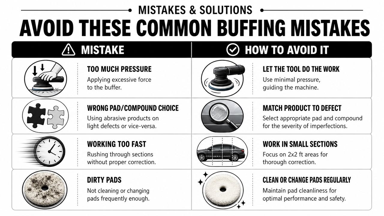 An infographic chart displaying four common car buffing mistakes and their respective solutions for better detailing.