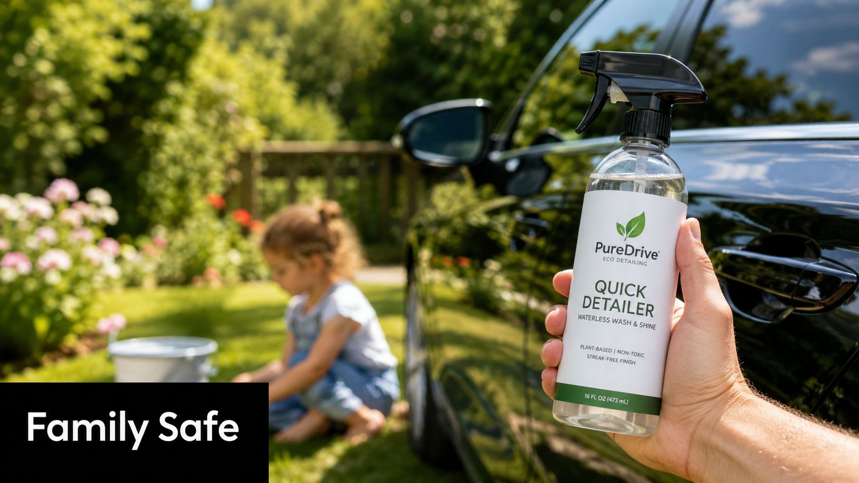 A person holds a bottle of PureDrive eco-friendly car detailer while a child plays in the background.