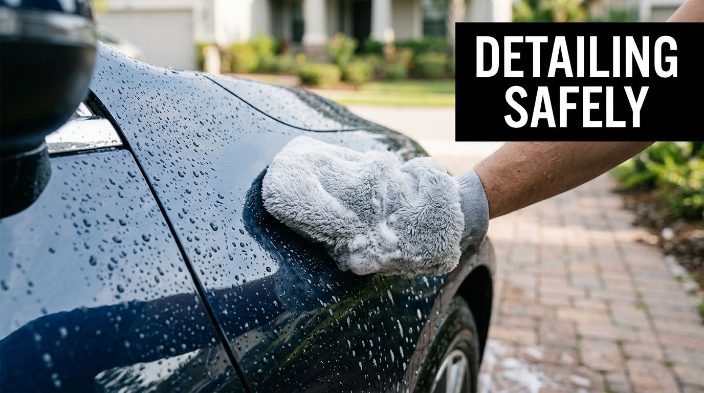 A hand using a grey microfiber wash mitt to carefully clean and detail a blue car exterior.
