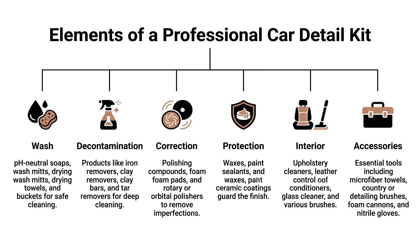 An infographic showing the essential elements of a professional car detail kit including cleaning and maintenance tools.