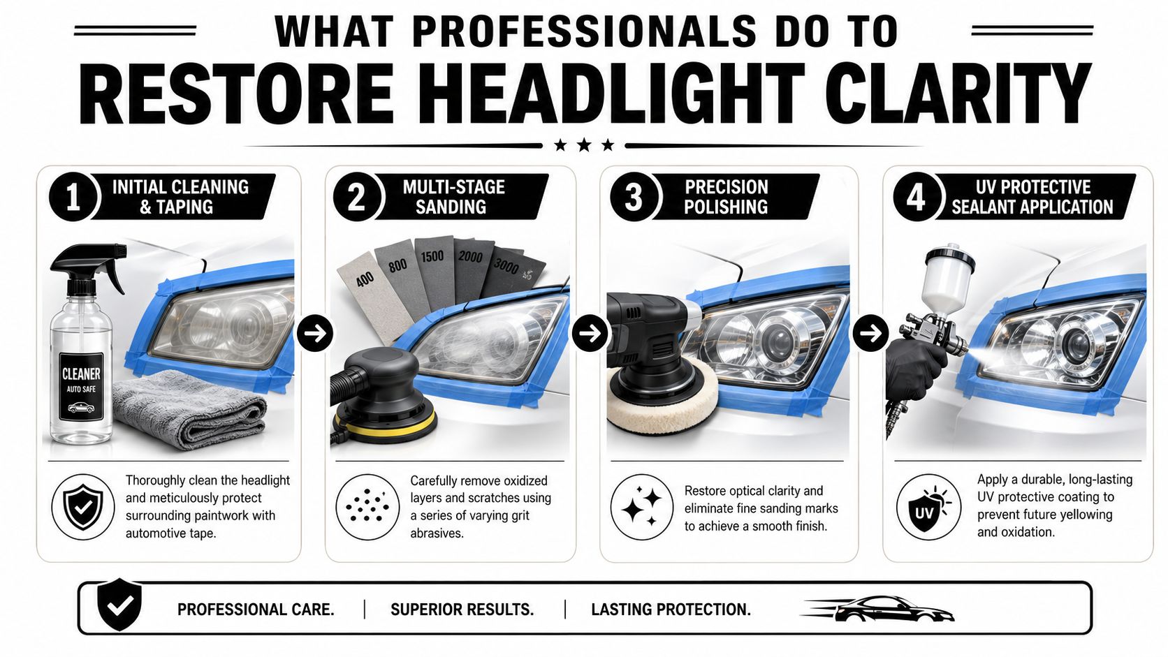 An infographic detailing the four steps professionals use to restore clarity to cloudy or yellowed car headlights.