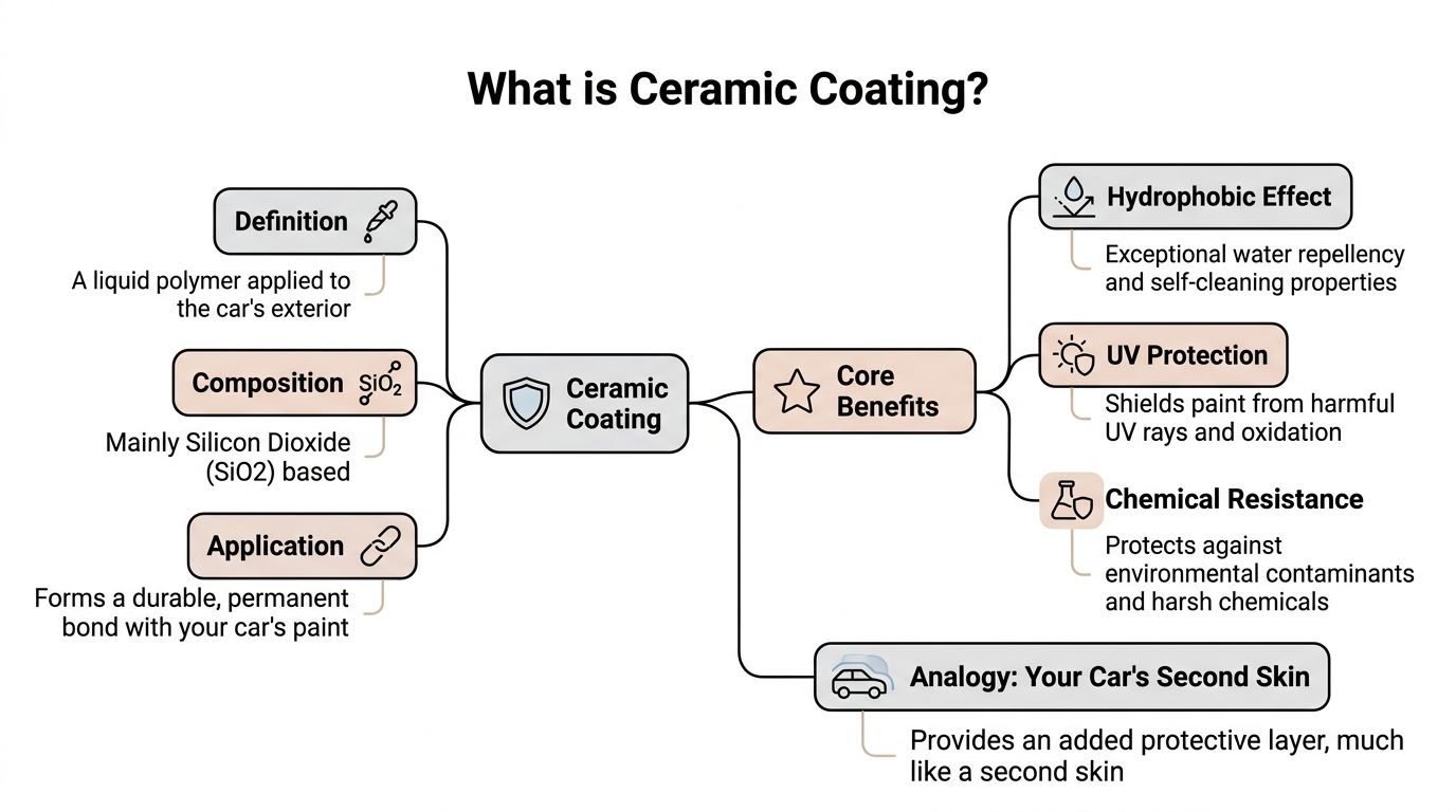 A diagram explaining ceramic coating for cars, highlighting its definition, composition, application, benefits, and protective nature.