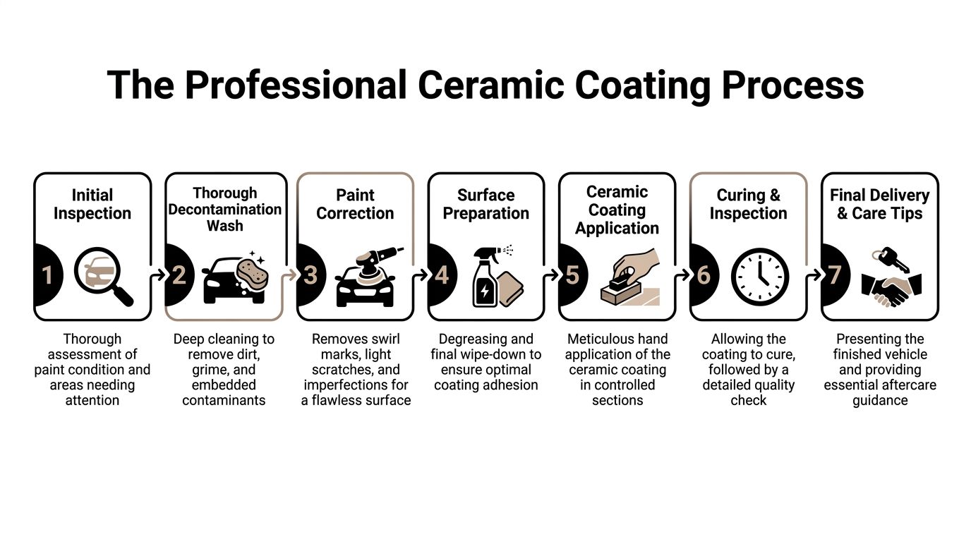 An infographic showing the seven-step professional ceramic coating process for vehicle paint protection and maintenance.