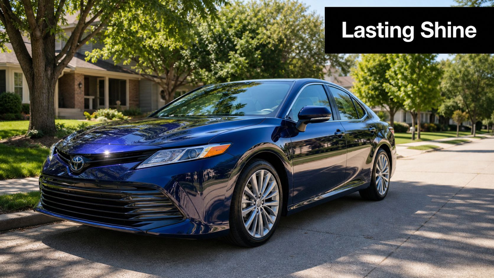 A shiny dark blue Toyota Camry parked on a sunny residential street after professional ceramic detailing treatment.