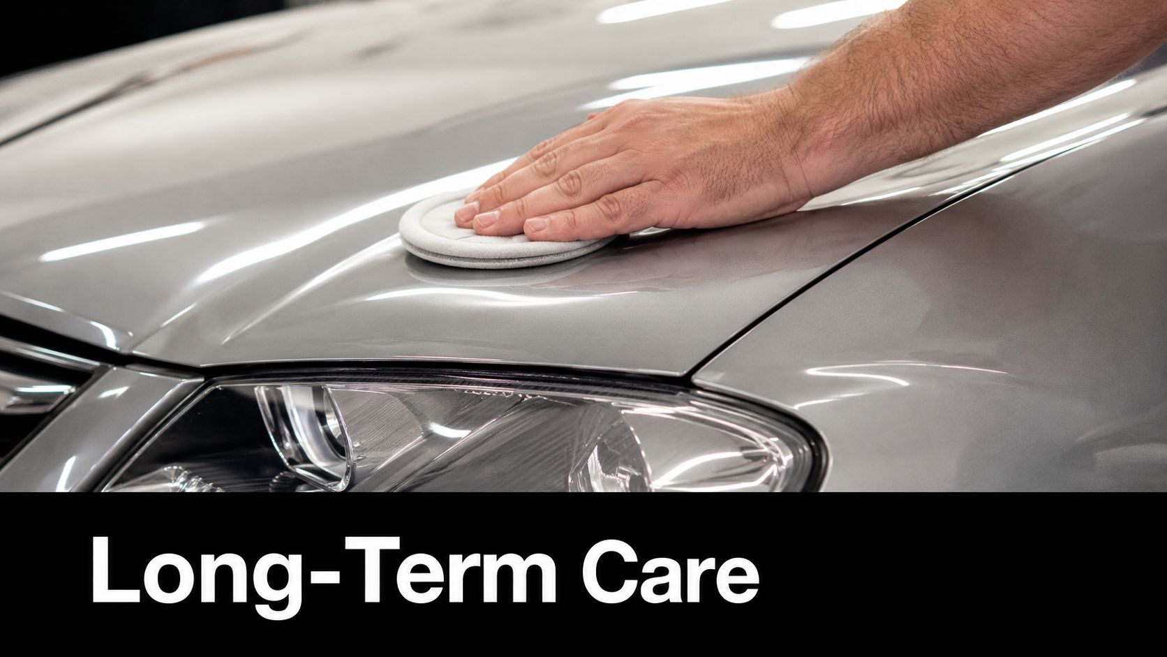 A hand using a polishing pad to buff a silver car hood during maintenance.