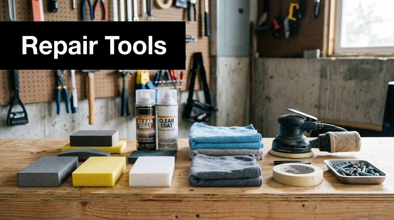 An assortment of workshop supplies, including clear coat sprays, sanding blocks, cloths, and tools on a wooden bench.