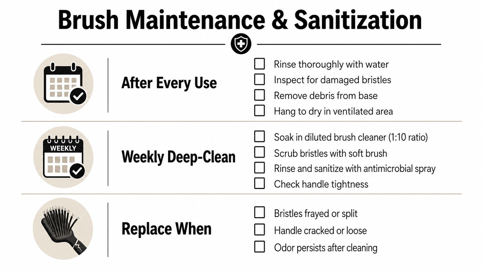 A maintenance guide infographic for commercial vehicle wash brushes, outlining daily, weekly, and replacement cleaning instructions.