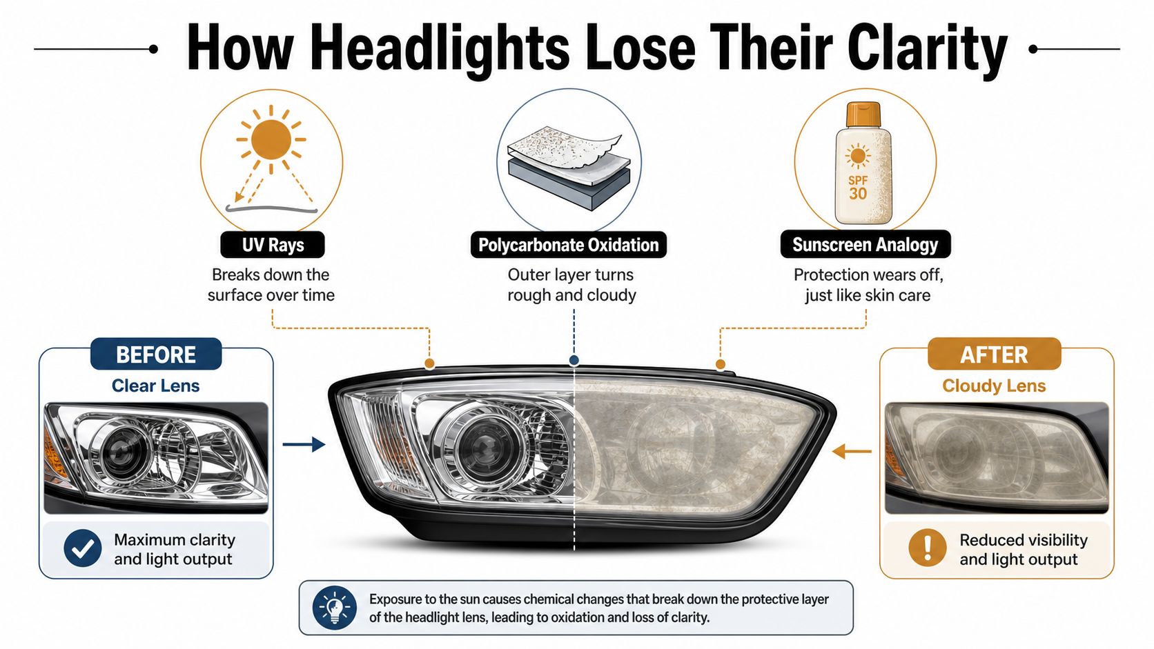 A diagram explaining how UV rays and oxidation cause car headlights to lose clarity over time.