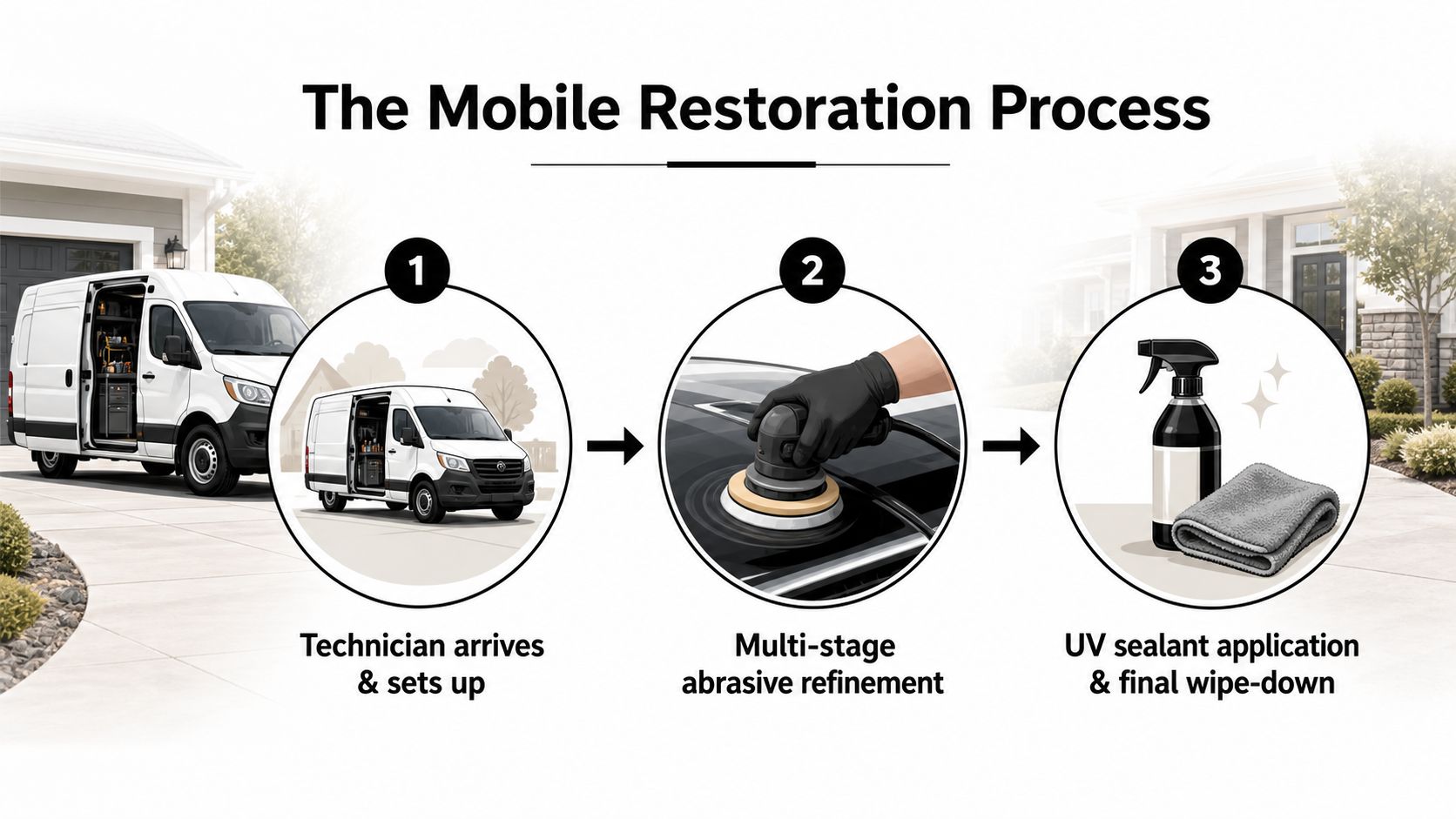 A diagram outlining a three-step mobile headlight restoration process involving technician arrival, abrasive refinement, and UV sealant application.