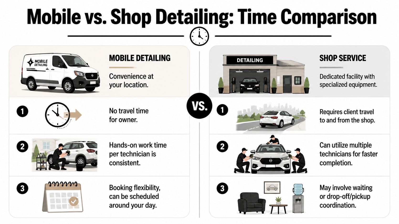 A comparison infographic showing the time benefits of mobile car detailing versus traditional shop services.