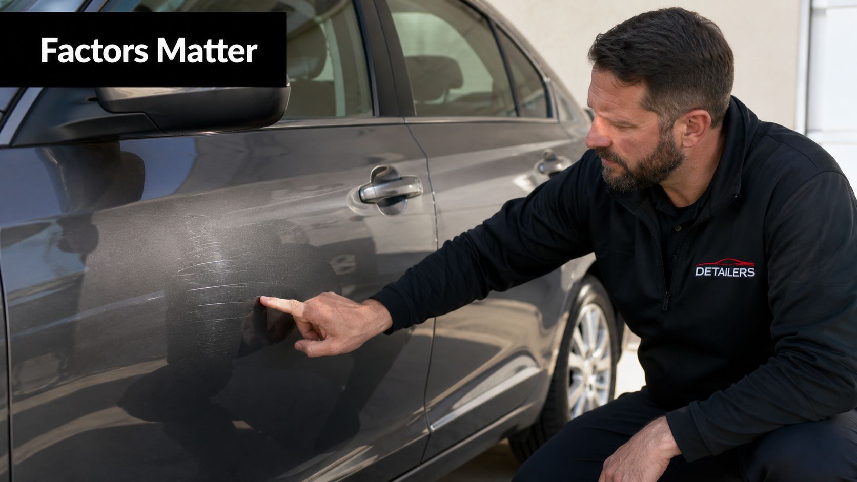 A professional detailer points to a deep scratch on the side panel of a grey vehicle.