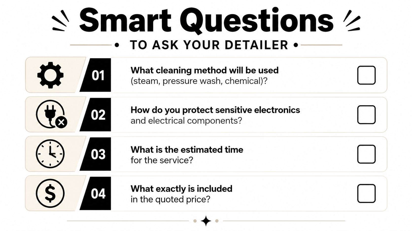 An infographic titled Smart Questions to Ask Your Detailer listing four key questions for car engine detailing.