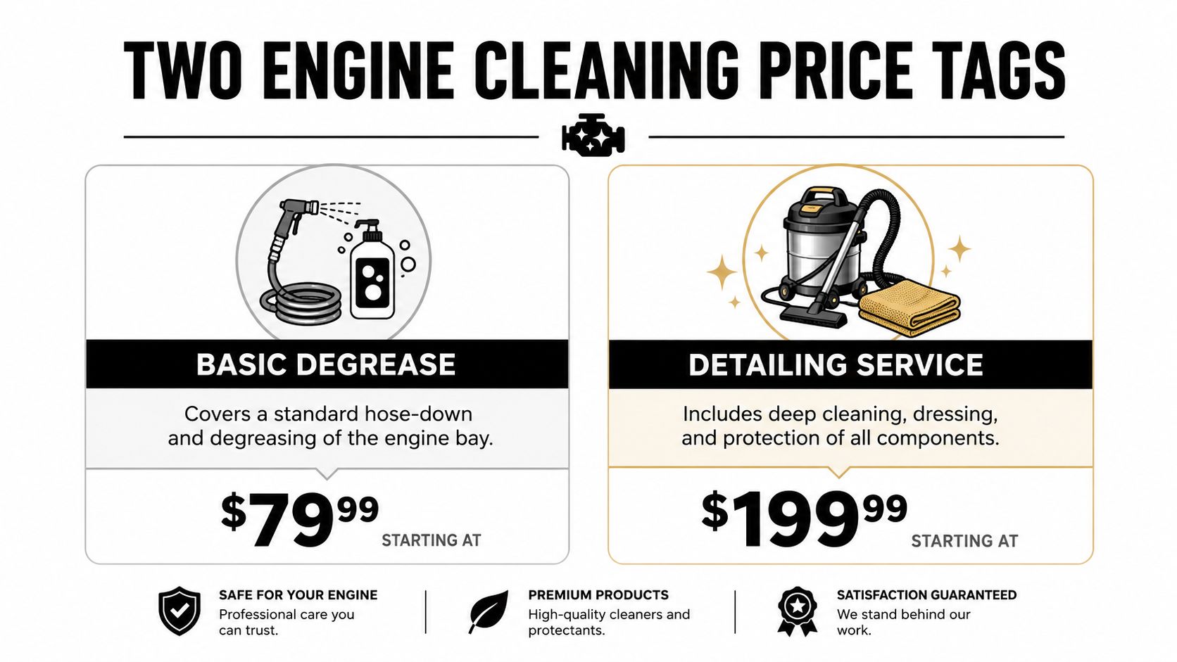 A price comparison chart for engine cleaning services titled Basic Degrease and Detailing Service with prices.