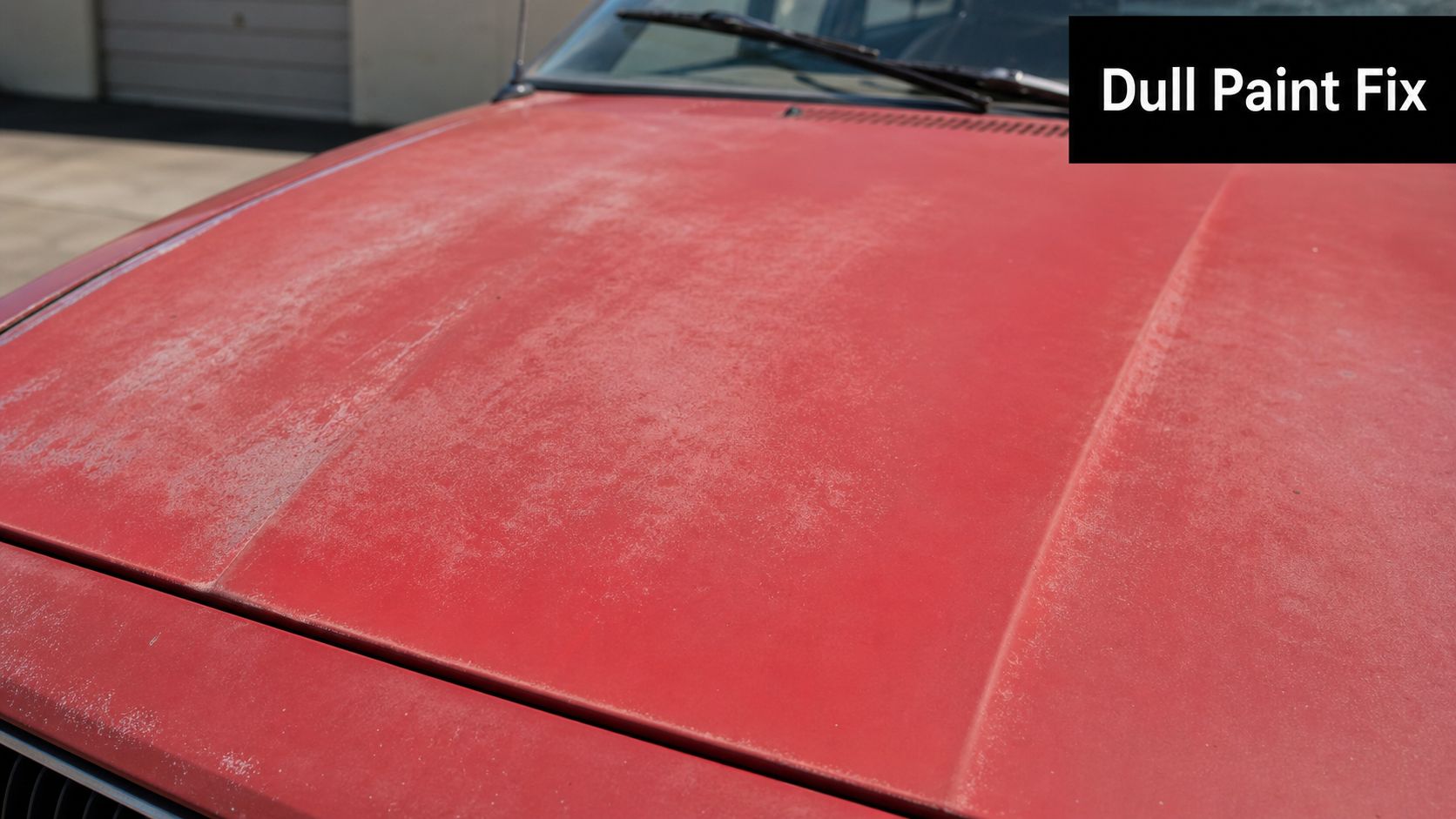 A close-up of a faded red car hood showing visible paint oxidation and dull surface finish