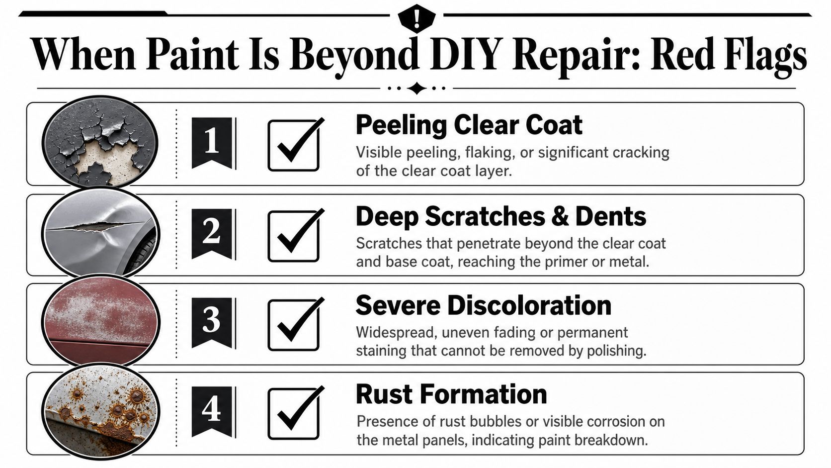 An infographic showing four red flags indicating car paint damage requiring professional repair rather than DIY.