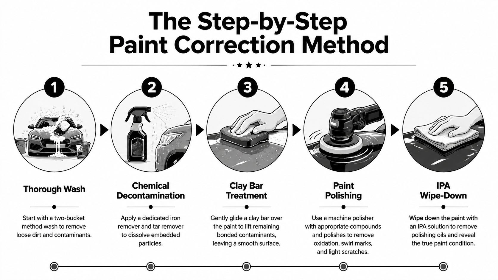A five-step infographic showing the professional process of paint correction for a car exterior.