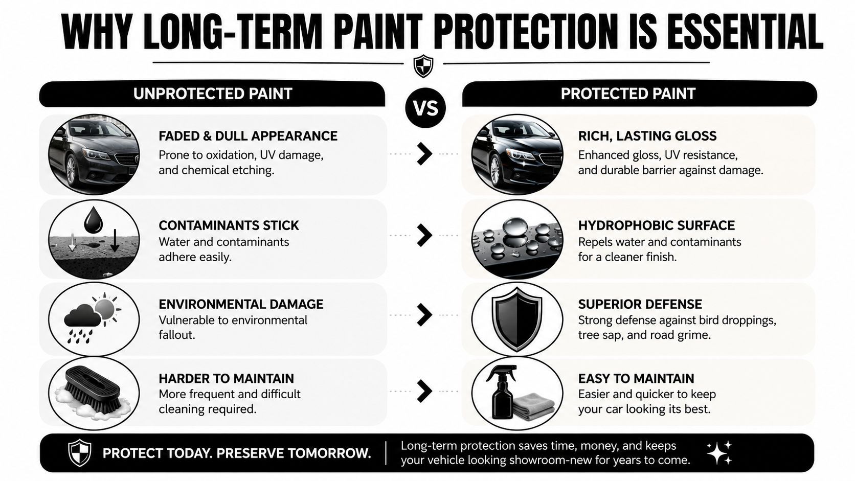 A comparison chart showing the benefits of protected versus unprotected car paint for vehicle maintenance and preservation.
