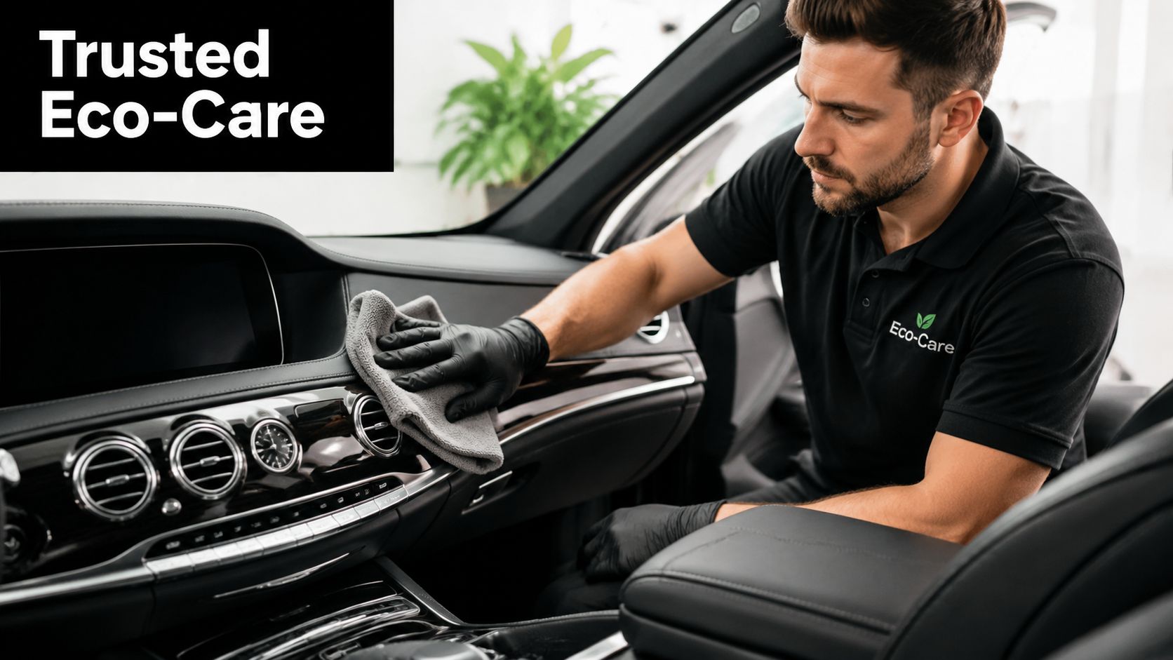 A professional car cleaner in a branded polo shirt detailing the interior dashboard of a luxury vehicle.