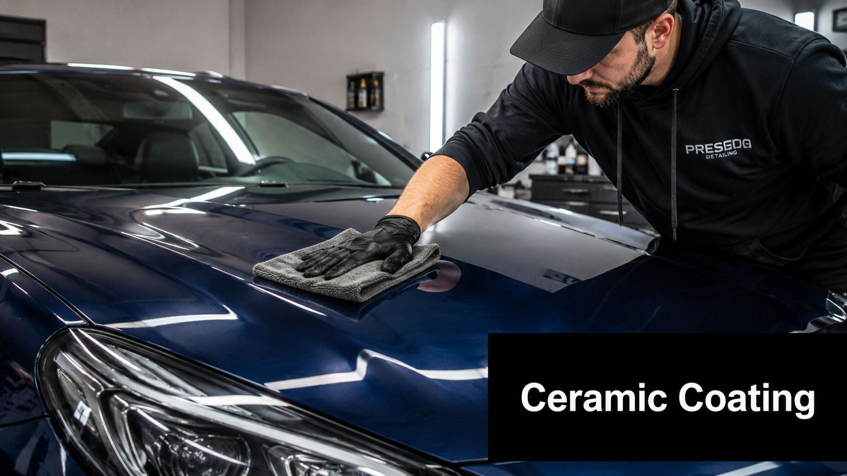 A professional detailer applying a ceramic coating to the hood of a blue car with a cloth.