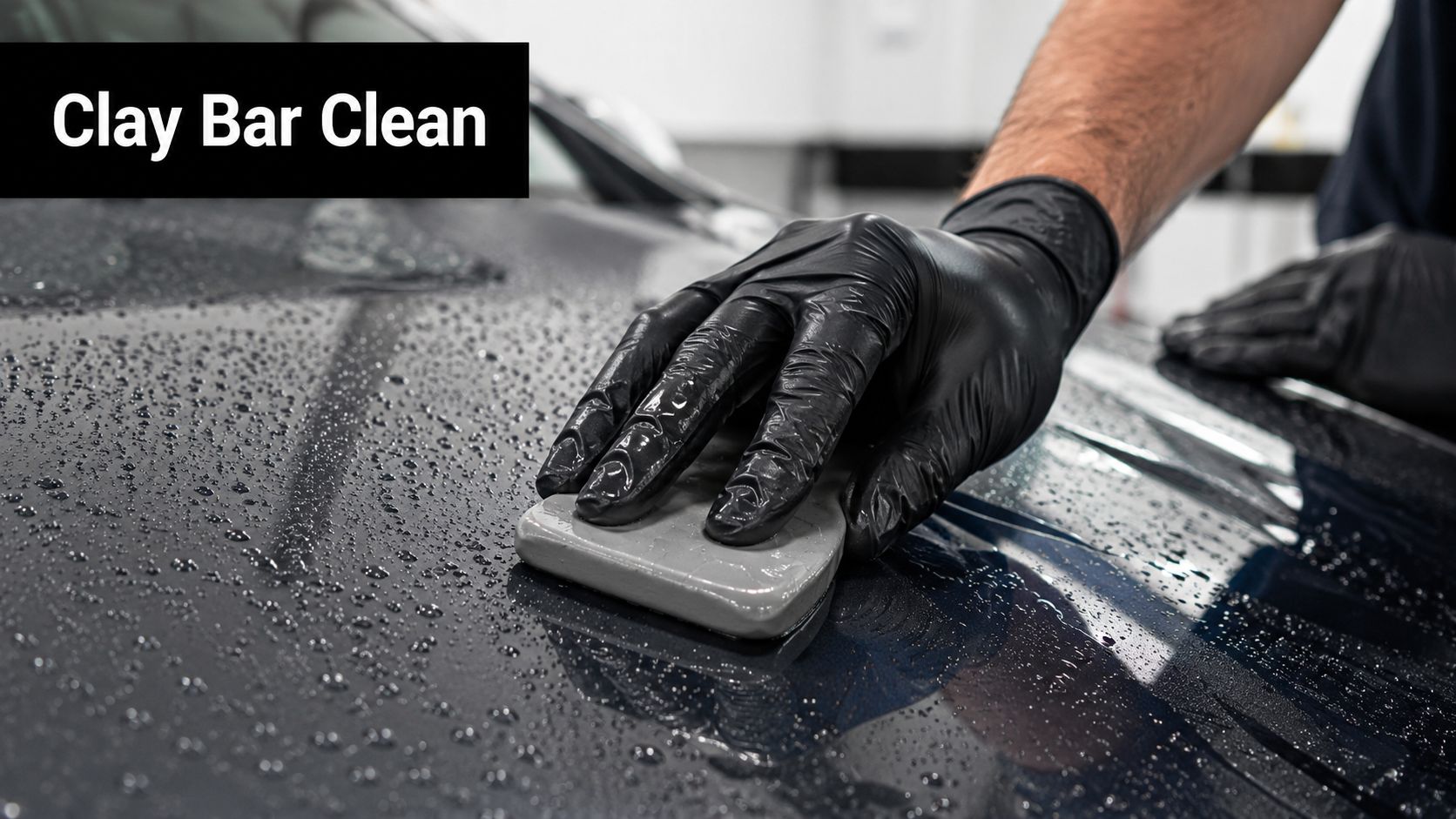 A person wearing black gloves using a clay bar on a wet car hood to clean the paint surface.