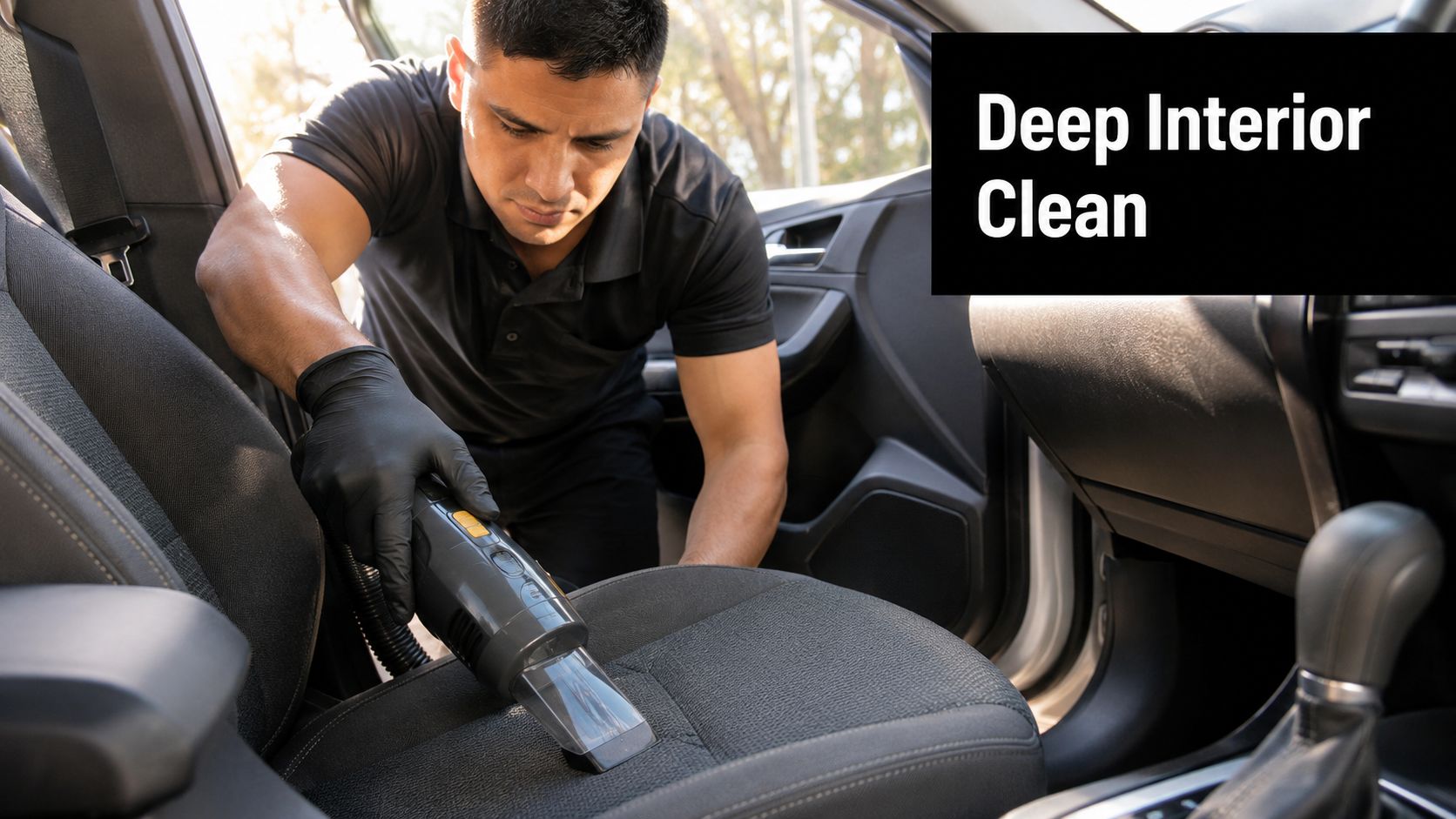 A professional detailer wearing black gloves vacuuming the upholstery of a car seat during an interior cleaning.
