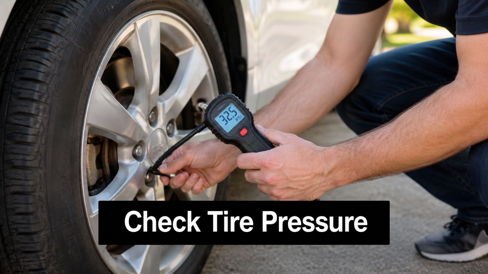 A person checking the air pressure of a car tire using a digital gauge in a sunny setting.