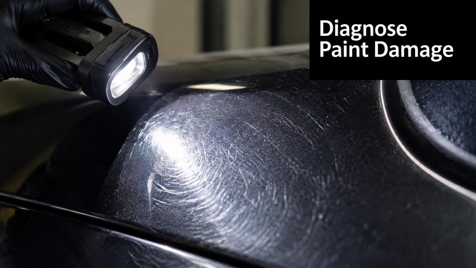 A gloved hand uses a flashlight to reveal heavy swirl marks and scratches on black car paint.