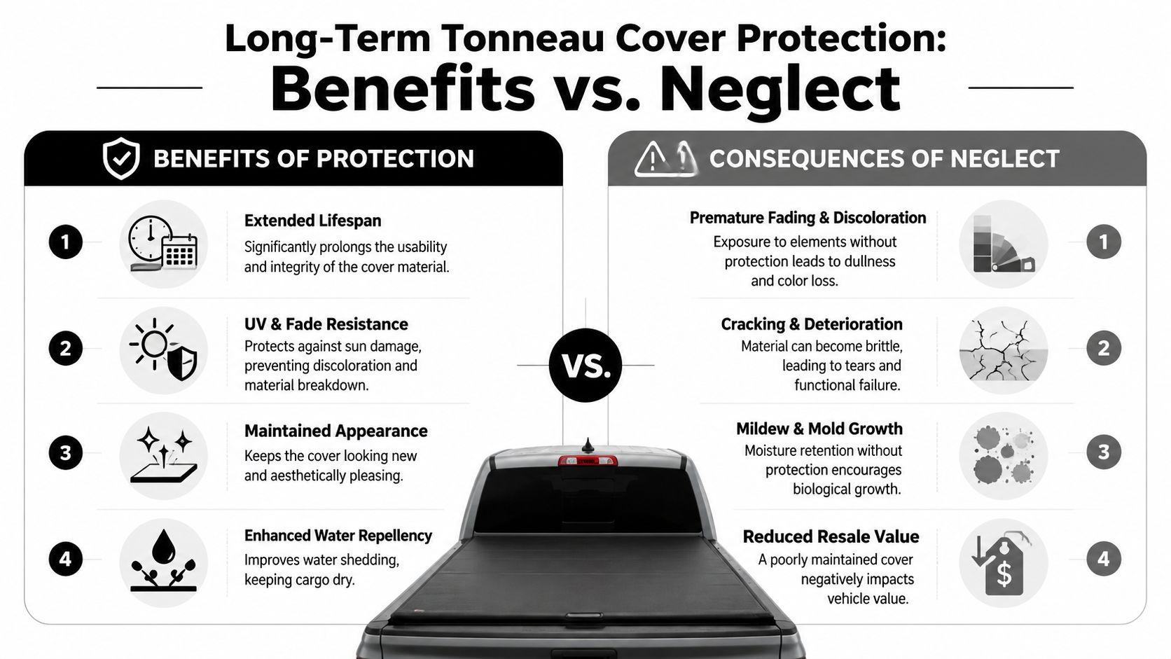 An infographic comparing the benefits of protecting a truck tonneau cover against the consequences of neglect.