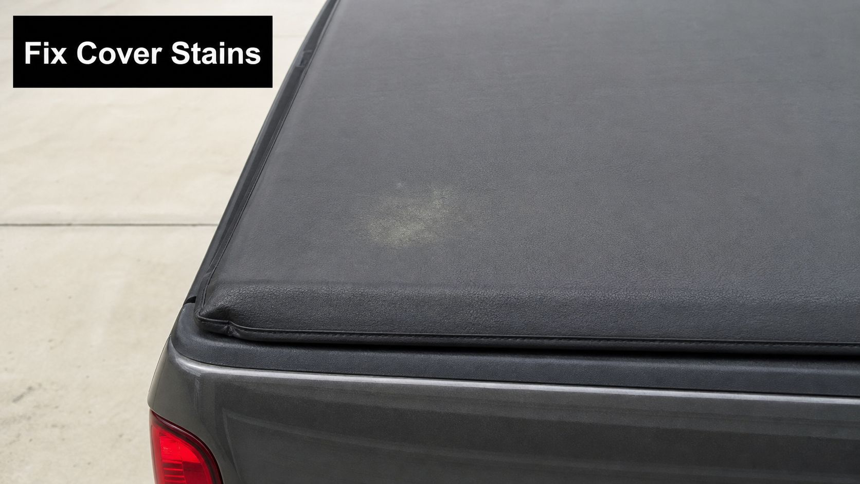 A close-up view of a truck tonneau cover featuring a visible, discolored stain on its black surface.