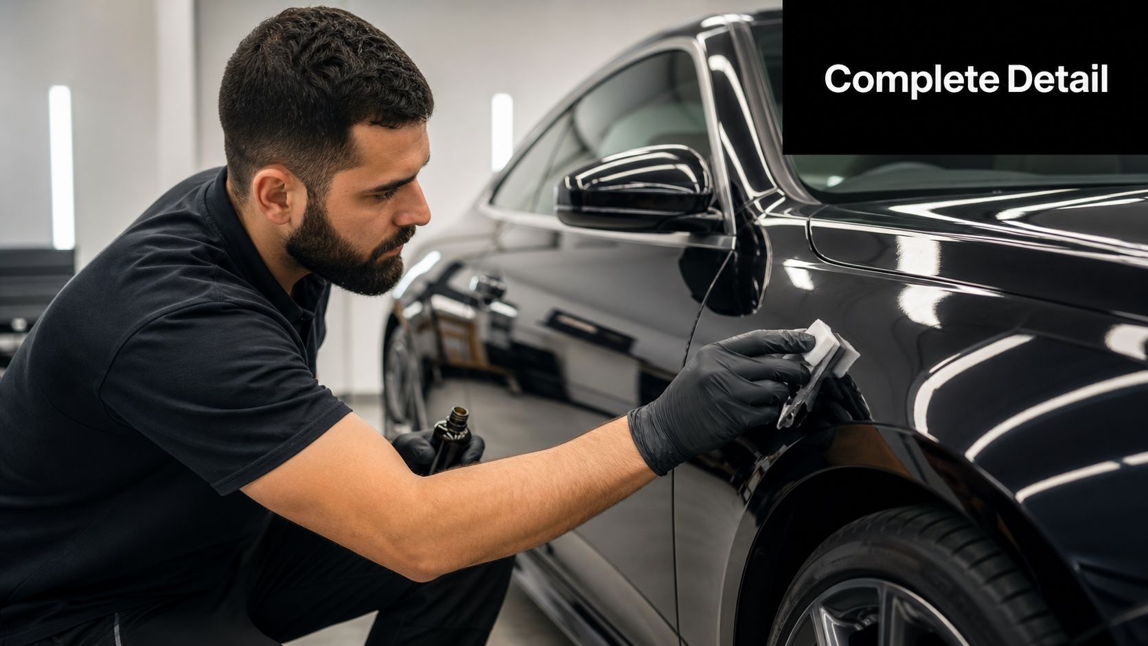 A professional car detailer wearing gloves applies a ceramic coating to the side of a black luxury car.