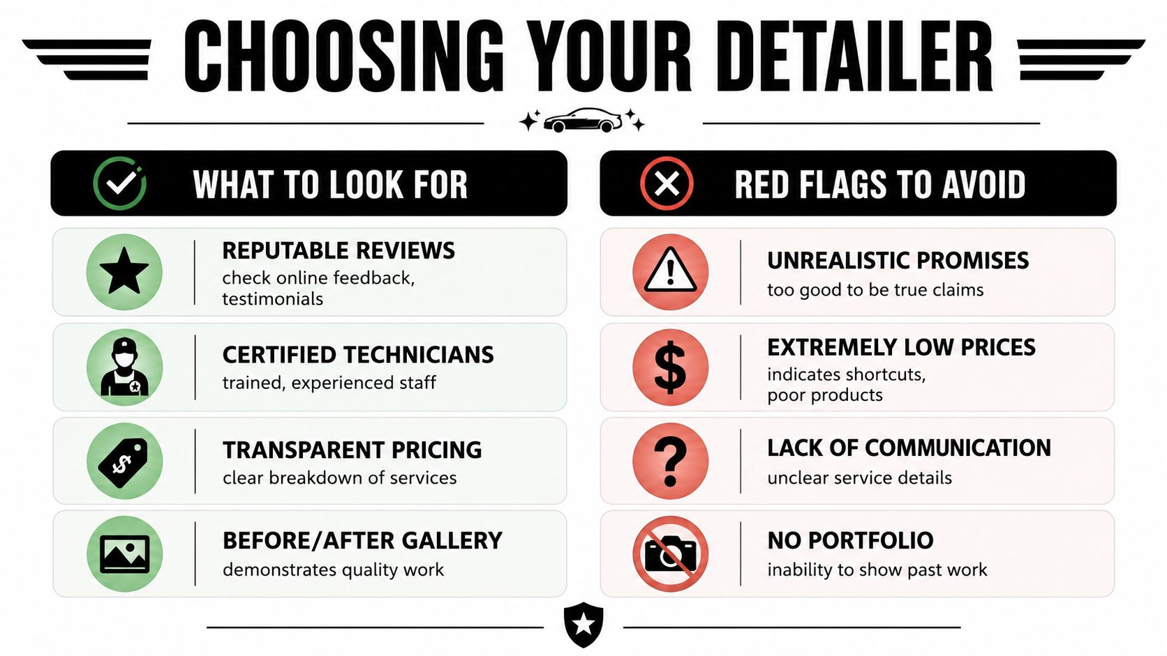 A helpful infographic comparing what to look for versus red flags when choosing a car detailing service.