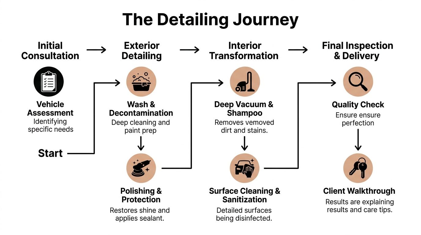 An infographic diagram illustrating the step-by-step professional car detailing process from assessment to final client delivery.