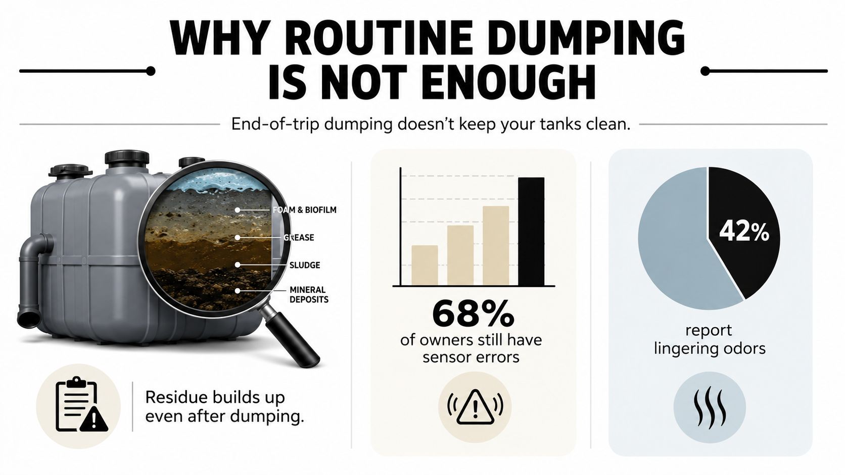 An infographic illustrating why dumping RV holding tanks is insufficient due to persistent residue and sensor buildup.