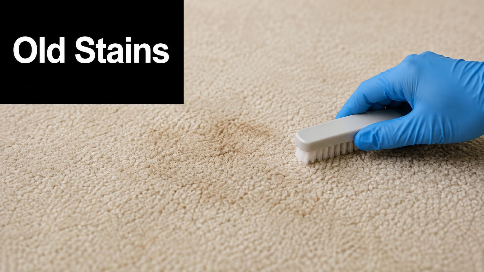 A hand in a blue glove cleaning an old stain on a beige carpet using a brush.