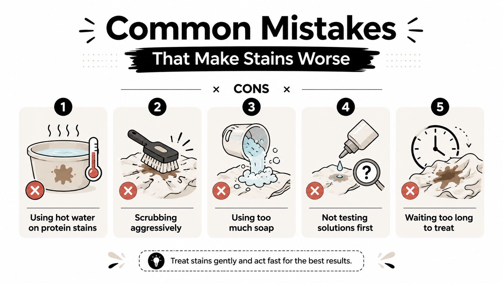 An infographic showing five common mistakes to avoid when cleaning stains, including using hot water or scrubbing.