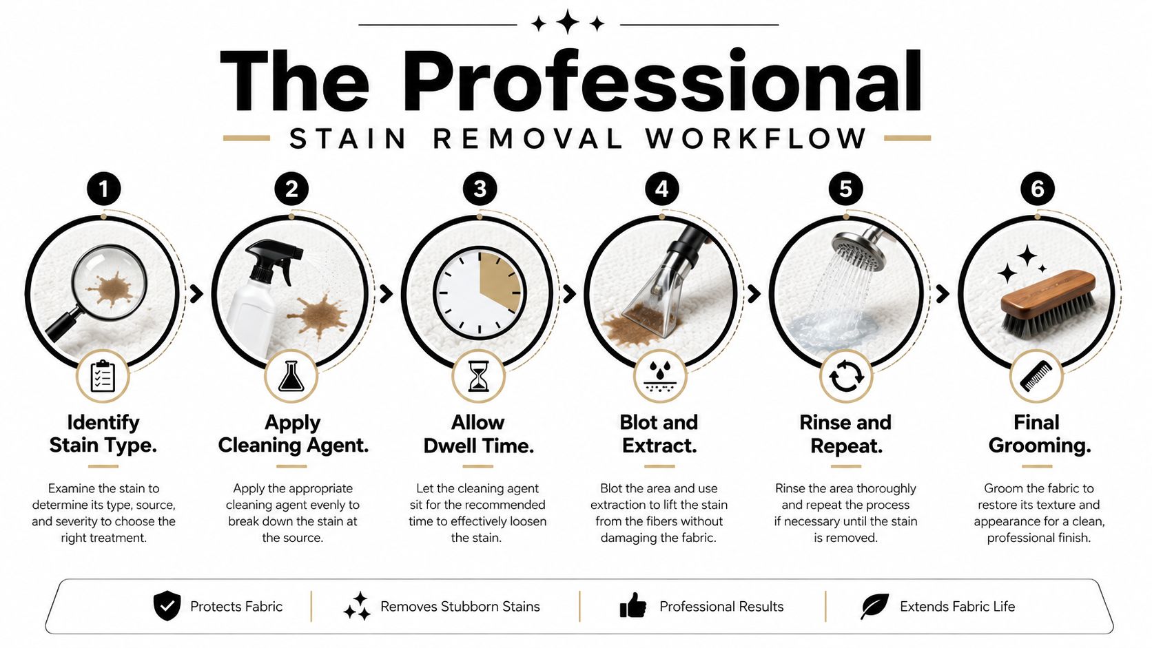An infographic illustrating a professional six-step workflow for removing stains from carpets and fabric surfaces effectively.